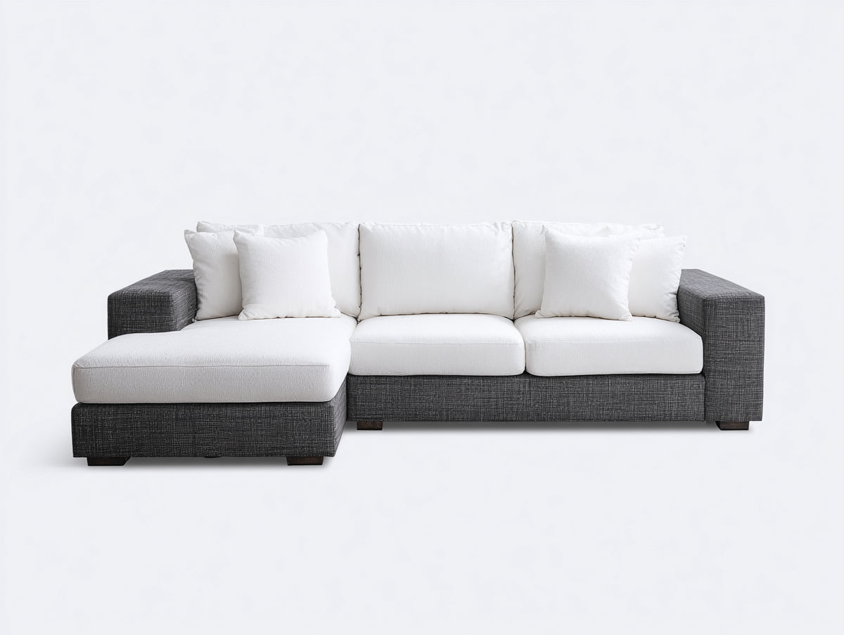 Canapé d'angle - Tissu texturé - 291x174x85 cm - Blanc-Gris foncé - Style minimaliste