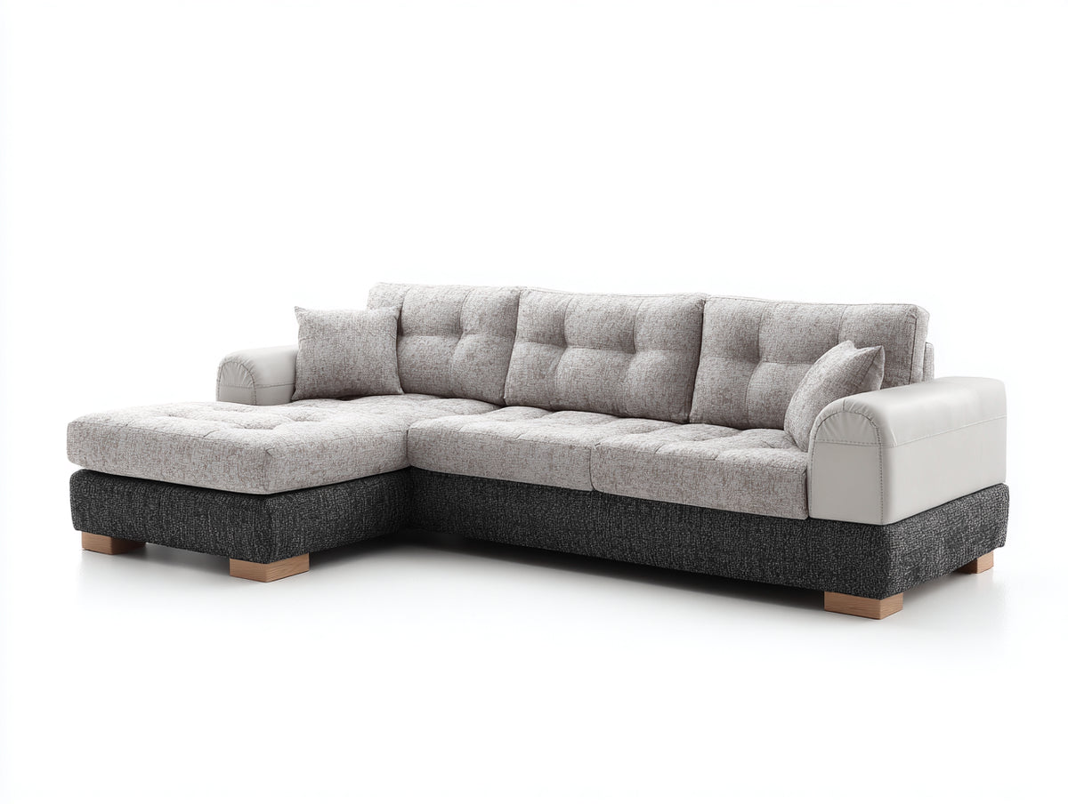 Canapé d'angle - Tissu-Cuir synthétique - 287x177x86 cm - Beige clair-Gris anthracite-Ivoire - Style contemporain