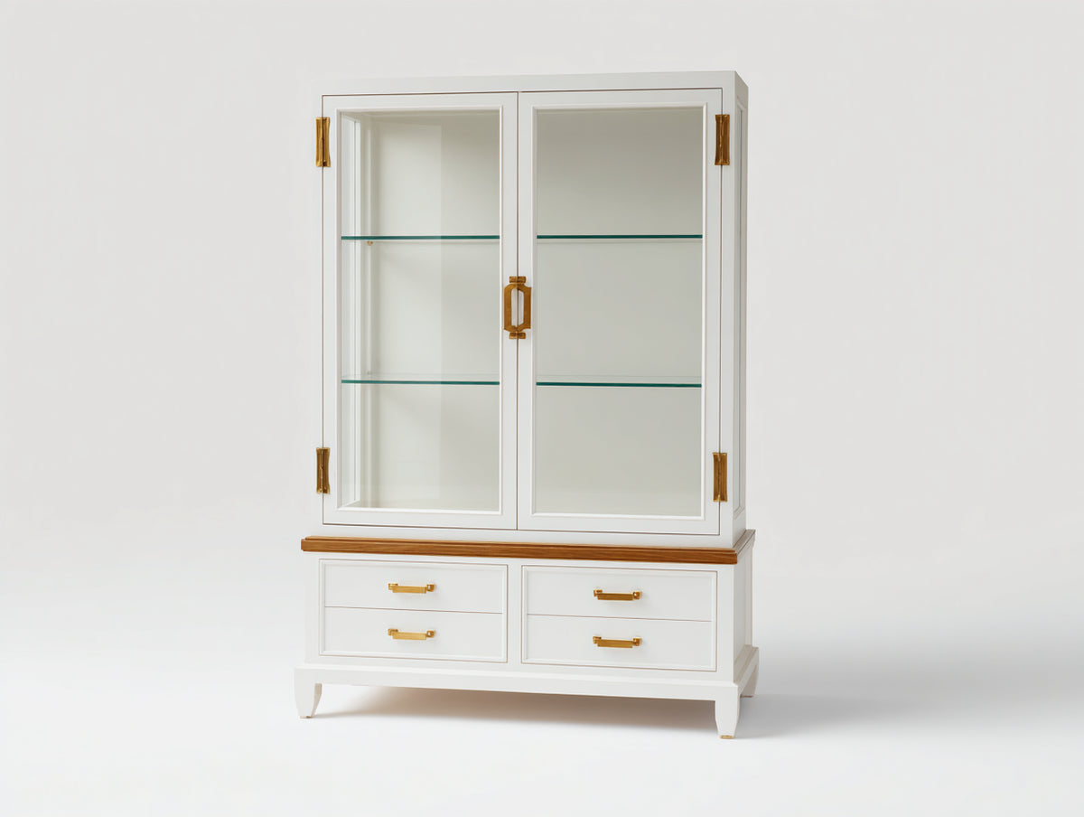 Vitrine - Bois-Verre - 112x44x174 cm - Blanc-Bois miel - Moderne classique